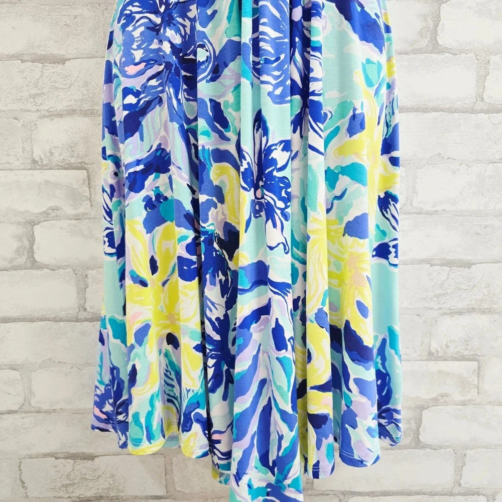 Lilly Pulitzer XS Blue White Striped Floral Tropical V-Neck Cross Back Dress - Picture 5 of 11